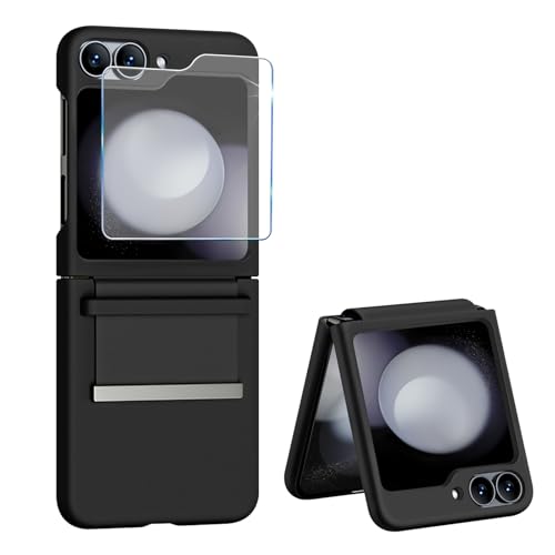 Handyhülle für Samsung Galaxy Z Flip 5 Hülle mit Schutzfolie, Dünn Folable Matt PC Flip 5 Handy Tasche Case mit vegan Leather Strap Scharnierschutz Stoßfeste Schutzhülle für Samsung Z Flip5 (Schwarz) von Croazhi