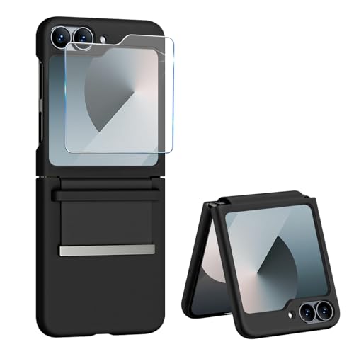 Handyhülle für Samsung Galaxy Z Flip 6 Hülle mit Schutzfolie, Dünn Folable Matt PC Flip 6 Handy Tasche Case mit vegan Leather Strap Scharnierschutz Stoßfeste Schutzhülle für Samsung Z Flip6 (Schwarz) von Croazhi