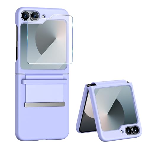 Handyhülle für Samsung Galaxy Z Flip 6 Hülle mit Schutzfolie, Dünn Folable Matt PC Flip 6 Handy Tasche Case mit vegan Leather Strap Scharnierschutz Stoßfeste Schutzhülle für Samsung Z Flip6 (Lila) von Croazhi