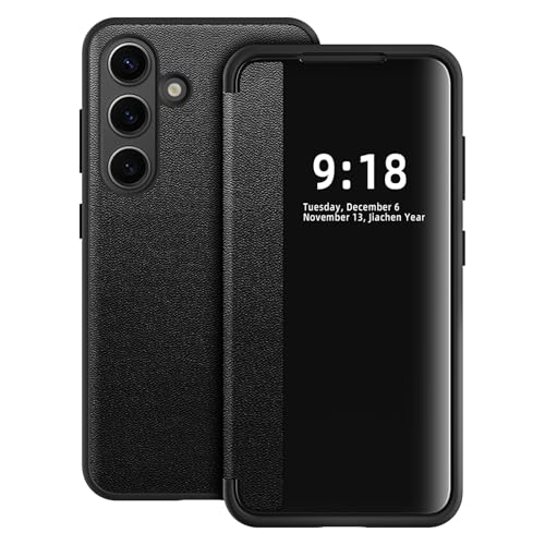 Hülle für Samsung Galaxy S25 Handyhülle S View S25 Flip Case Stoßfest Kratzfest Tasche Flip Schutzhülle für Samsung S25, Durchscheinend View Silikon Bumper Handyhülle (Schwarz) von Croazhi
