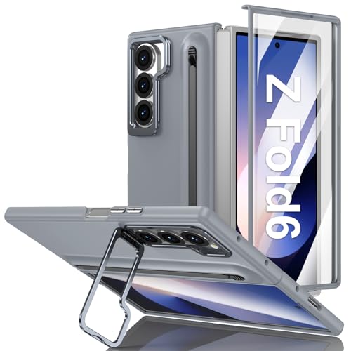Hülle für Samsung Galaxy Z Fold 6 Handyhülle mit Displayschutz, Schlank mit Pen, Kamera Ständer Halter, Hart PC All Inclusive Robuste Militär Stoßfest Schutzhülle für Samsung Galaxy Z Fold 6 (Grau) von Croazhi