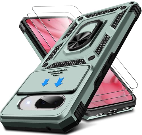 Kameraschutz Handyhülle für Google Pixel 9A Hülle mit Schutzfolie*2 pcs, 360 Grad Magnet Metall Ring Halter Schutzhülle für Google Pixel 9A Handytasche Case Militär Stoßfest Case (Grün) von Croazhi