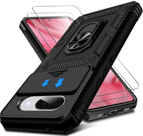 Kameraschutz Handyhülle für Google Pixel 9A Hülle mit Schutzfolie*2 pcs, 360 Grad Magnet Metall Ring Halter Schutzhülle für Google Pixel 9A Handytasche Case Militär Stoßfest Case (Schwarz) von Croazhi