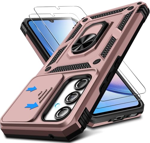 Kameraschutz Handyhülle für Samsung Galaxy A35 Hülle mit Displayschutz*2 pcs, 360 Grad Magnet Metall Ring Halter Galaxy A35 5G Tasche Case Militär Stoßfest Schutzhülle für Samsung A35 Handy (Rosa) von Croazhi