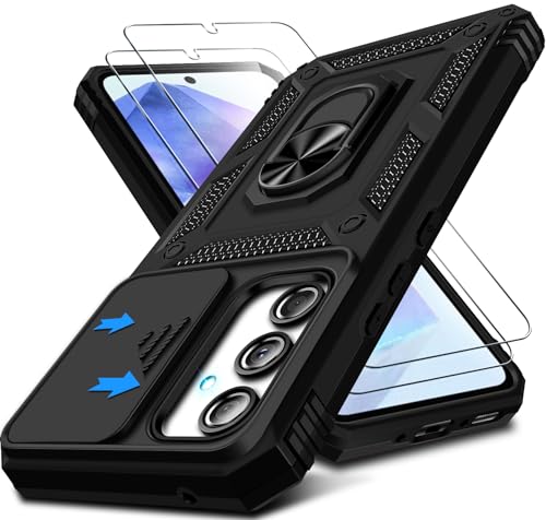 Kameraschutz Handyhülle für Samsung Galaxy A55 Hülle mit Displayschutz*2 pcs, 360 Grad Magnet Metall Ring Halter Galaxy A55 5G Tasche Case Militär Stoßfest Schutzhülle für Samsung A55 Handy (Schwarz) von Croazhi