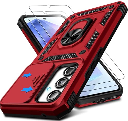 Kameraschutz Handyhülle für Samsung Galaxy A55 Hülle mit Displayschutz*2 pcs, 360 Grad Magnet Metall Ring Halter Galaxy A55 5G Tasche Case Militär Stoßfest Schutzhülle für Samsung A55 Handy (Rot) von Croazhi