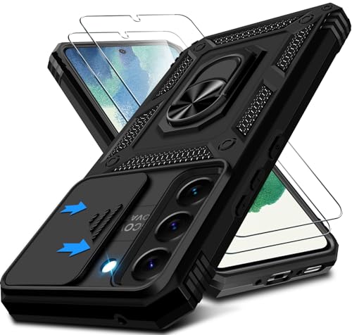 Kameraschutz Handyhülle für Samsung Galaxy S21 FE Hülle mit Displayschutz*2 pcs, Magnet Metall Ring Halter Galaxy S21 FE 5G Tasche Case Militär Stoßfest Schutzhülle für Samsung S21 FE Handy (Schwarz) von Croazhi