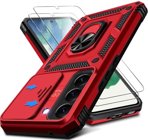 Kameraschutz Handyhülle für Samsung Galaxy S21 FE Hülle mit Displayschutz*2 pcs, Magnet Metall Ring Halter Galaxy S21 FE 5G Tasche Case Militär Stoßfest Schutzhülle für Samsung S21 FE Handy (Rot) von Croazhi