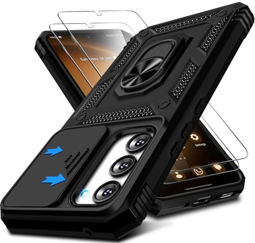 Kameraschutz Handyhülle für Samsung Galaxy S23 Hülle mit Displayschutz*2 pcs, 360 Grad Magnet Metall Ring Halter Galaxy S23 5G Tasche Case Militär Stoßfest Schutzhülle für Samsung S23 Handy (Schwarz) von Croazhi