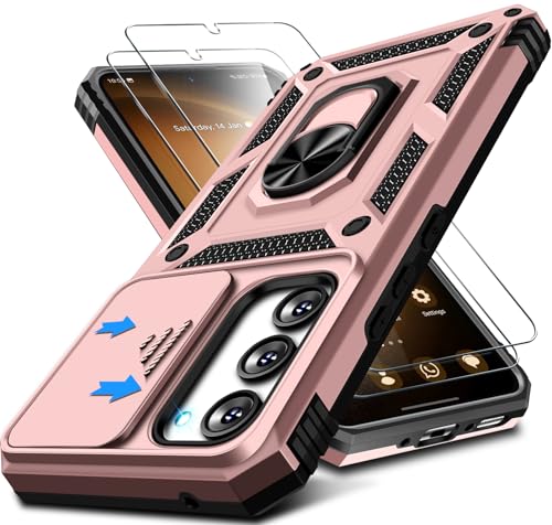 Kameraschutz Handyhülle für Samsung Galaxy S23 Hülle mit Displayschutz*2 pcs, 360 Grad Magnet Metall Ring Halter Galaxy S23 5G Tasche Case Militär Stoßfest Schutzhülle für Samsung S23 Handy (Rosa) von Croazhi