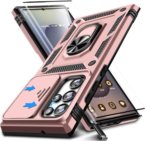 Kameraschutz Handyhülle für Samsung Galaxy S25 Ultra Hülle mit schutzfolie*2, 360 Grad Magnet Metall Ring Halter S25 Ultra Handytasche Case Militär Stoßfest Schutzhülle für Samsung S25 Ultra (Rosa) von Croazhi
