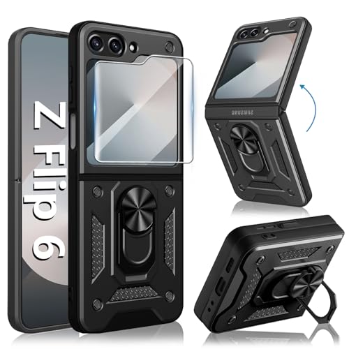 Kameraschutz Handyhülle für Samsung Galaxy Z Flip 6 Hülle mit Schutzfolie, 360 Grad Magnetisch Metall Ring Ständer Galaxy Z Flip 6 Handytasche Case Stoßfest Schutzhülle für Samsung Z Flip 6 (Schwarz) von Croazhi