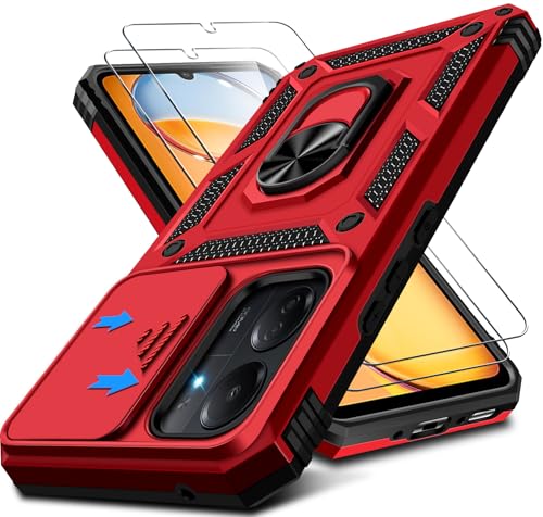 Kameraschutz Handyhülle für Xiaomi Redmi 13C Hülle mit Schutzfolie*2 pcs, 360° Magnet Metall Ring Halter für Redmi 13C Handy Tasche Case Militär Stoßfest Schutzhülle für Xiaomi Redmi 13C (Rot) von Croazhi