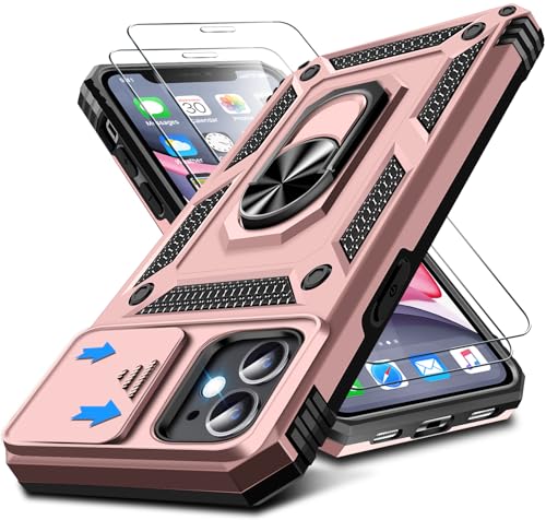 Kameraschutz Handyhülle für iPhone 11 Mit Schutzfolie*2 Pcs, 360 Grad Magnet Metall Ring Halter, Militär Stoßfest Schutzhülle (Rosa) von Croazhi