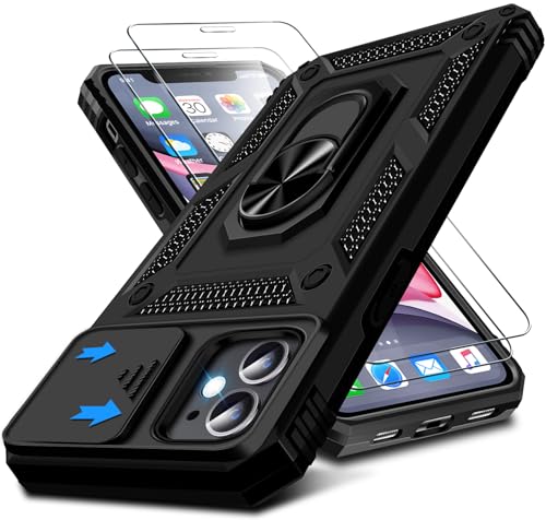 Kameraschutz Handyhülle für iPhone 11 Hülle mit iPhone 11 Schutzfolie*2 pcs, 360 Grad Magnet Metall Ring Halter für iPhone 11 Handytasche Case Militär Stoßfest Schutzhülle für iPhone 11 (Schwarz) von Croazhi