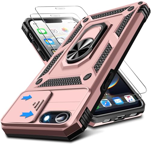 Kameraschutz Handyhülle für iPhone 16e Hülle mit iPhone 16e Schutzfolie, 360 Grad Magnet Metall Ring Halter für iPhone SE 2025 Handytasche Case Militär Stoßfest Schutzhülle für iPhone 16e (Rosa) von Croazhi