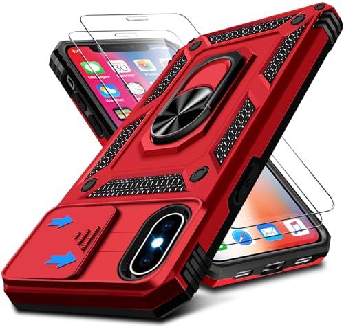 Kameraschutz Handyhülle für iPhone X/XS Hülle mit iPhone X/XS Schutzfolie*2, 360 Grad Magnet Metall Ring Halter für iPhone XS Handytasche Case Militär Stoßfest Schutzhülle für iPhone X 5,8" (Rot) Kameraschutz Handyhülle für iPhone X/XS Hülle mit iPhone X/XS Schutzfolie*2, 360 Grad Magnet Metall Ring Halter für iPhone XS Handytasche Case Militär Stoßfest Schutzhülle für iPhone X 5,8" (Rot) von Croazhi
