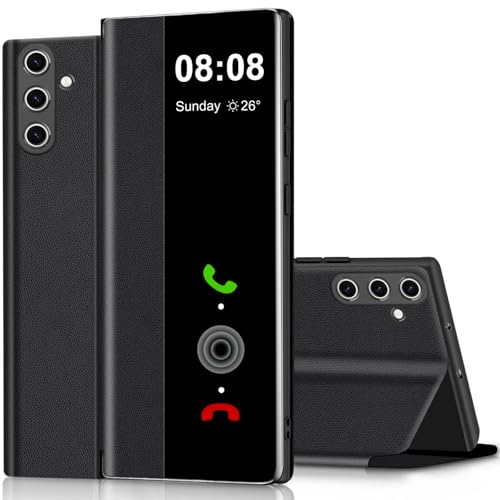 Klapphülle für Samsung Galaxy S25 Plus, S-View, Clear View Folio-Leder-TPU-Innenhülle für Samsung S25 Plus, Kickstand Anti-Kratzer Flip Cover für Samsung Galaxy S25 Plus (Schwarz) von Croazhi