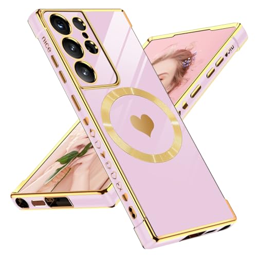 Magnetisch Handyhülle für Samsung Galaxy S21 Ultra Hülle mit [Mag-Safe] Kameraschutz Love Herz Weich Silikon Galaxy S21 Ultra Handytasche Stoßfeste Schutzhülle für Samsung S21 Ultra Handy (Lila) von Croazhi
