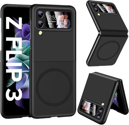 Magnetisch Handyhülle für Samsung Galaxy Z Flip 3 Hülle 5G [für Mag-Safe] Folable Matt PC Galaxy Z Flip 3 Handytasche Case Ultra Dünn kabellos Laden Stoßfest Schutzhülle für Samsung Z Flip3 (Schwarz) von Croazhi