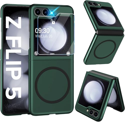 Magnetisch Handyhülle für Samsung Galaxy Z Flip 5 Hülle 5G mit Schutzfolie [für Mag-Safe] Folable Matt PC Galaxy Z Flip 5 Handytasche Case Ultra Dünn Stoßfest Schutzhülle für Samsung Z Flip5 (Grün) von Croazhi