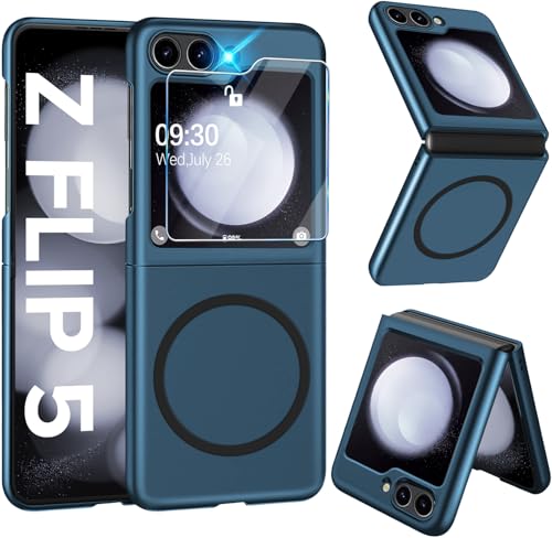 Magnetisch Handyhülle für Samsung Galaxy Z Flip 5 Hülle 5G mit Schutzfolie [für Mag-Safe] Folable Matt PC Galaxy Z Flip 5 Handytasche Case Ultra Dünn Stoßfest Schutzhülle für Samsung Z Flip5 (Blau) von Croazhi