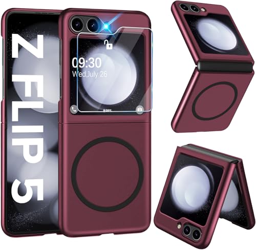 Magnetisch Handyhülle für Samsung Galaxy Z Flip 5 Hülle 5G mit Schutzfolie [für Mag-Safe] Folable Matt PC Galaxy Z Flip 5 Handytasche Case Ultra Dünn Stoßfest Schutzhülle für Samsung Z Flip5 (Rot) von Croazhi