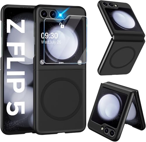 Magnetisch Handyhülle für Samsung Galaxy Z Flip 5 Hülle 5G mit Schutzfolie [für Mag-Safe] Folable Matt PC Galaxy Z Flip 5 Handytasche Case Ultra Dünn Stoßfest Schutzhülle für Samsung Z Flip5 (Schwarz) von Croazhi