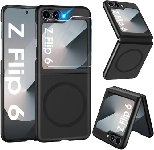 Magnetisch Handyhülle für Samsung Galaxy Z Flip 6 Hülle 5G mit Schutzfolie [für Mag-Safe] Folable Matt PC Galaxy Z Flip 6 Handytasche Case Ultra Dünn Stoßfest Schutzhülle für Samsung Z Flip6 (Schwarz) von Croazhi