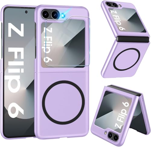 Magnetisch Handyhülle für Samsung Galaxy Z Flip 6 Hülle 5G mit Schutzfolie [für Mag-Safe] Folable Matt PC Galaxy Z Flip 6 Handytasche Case Ultra Dünn Stoßfest Schutzhülle für Samsung Z Flip6 (Lila) von Croazhi