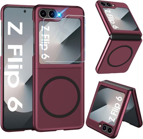 Magnetisch Handyhülle für Samsung Galaxy Z Flip 6 Hülle 5G mit Schutzfolie [für Mag-Safe] Folable Matt PC Galaxy Z Flip 6 Handytasche Case Ultra Dünn Stoßfest Schutzhülle für Samsung Z Flip6 (Rotwein) von Croazhi
