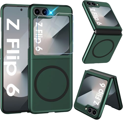 Magnetisch Handyhülle für Samsung Galaxy Z Flip 6 Hülle 5G mit Schutzfolie [für Mag-Safe] Folable Matt PC Galaxy Z Flip 6 Handytasche Case Ultra Dünn Stoßfest Schutzhülle für Samsung Z Flip6 (Grün) von Croazhi