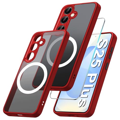 Magnetische Handyhülle für Samsung Galaxy S25 Plus 5G Hülle mit Schutzfolie [Mit Mag-safe] Matt Hart Galaxy S25 Plus Handytasche Case Magnet Stoßfeste Schutzhülle für Samsung S25 Plus Handy (Rot) von Croazhi