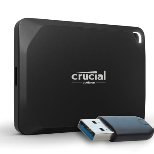 Crucial X10 Pro 1TB Externe SSD Festplatte mit USB-A Adapter, bis zu 2100MB/s Lesen und 2000MB/s Schreiben, Portable Solid State Drive, USB-C 3.2, PC und Mac - CT1000X10PROSSD902 von Crucial