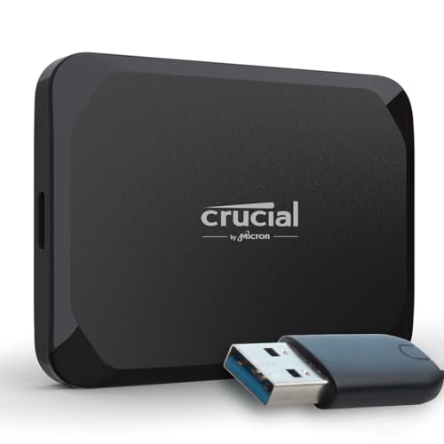 Crucial X9 2TB Externe SSD Festplatte mit USB-A Adapter, bis zu 1050MB/s, kompatibel mit PC, Mac, PlayStation und Xbox, USB-C 3.2, Portable SSD - CT2000X9SSD902 von Crucial