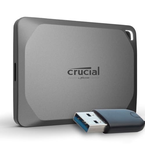 Crucial X9 Pro 1TB Externe SSD Festplatte mit USB-A Adapter, bis zu 1050MB/s Lesen/Schreiben, Wasser- und Staubgeschützt (IP55), USB-C 3.2 Portable SSD - CT1000X9PROSSD902 von Crucial