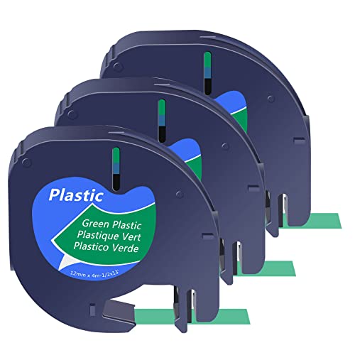 3x Schriftband Etikettenband kompatibel für Dymo LetraTag 91224 Schwarz auf Grün (12mm x 4m), Kunststoff, laminiert, für Dymo LetraTag LT-100H, LT-100T, LT-110T, QX 50, XR, XM,Plus Etikettendrucker von Cruxer