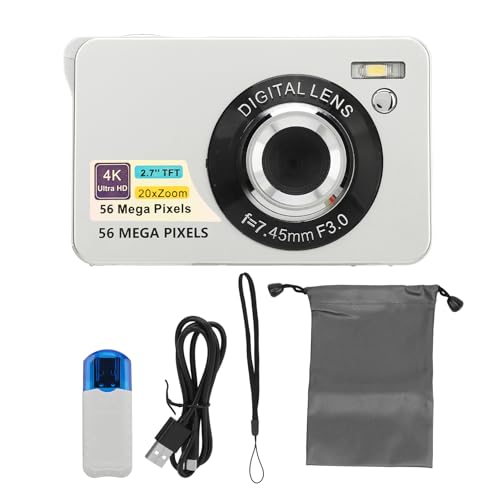 Cryfokt 4K 56Mp HD-Digitalkamera, Tragbare Vlogging- mit Autofokus, 20-fachem Zoom, 2,7-Zoll-Bildschirm, Autofokus-Reisekamera für Mädchen, Jungen, Teenager, Wiedergabe, Fülllicht (Silver) von Cryfokt