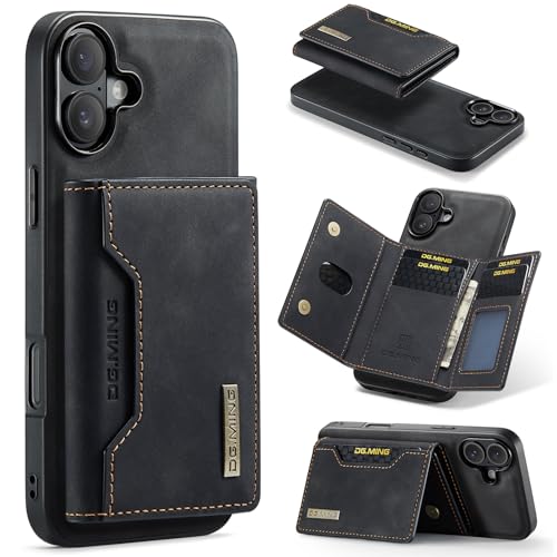 DG.MING Brieftaschen-Schutzhülle für iPhone 16, Premium-Leder, stoßfest, magnetisch, abnehmbar, mit dreifach faltbarem Brieftasche, Kartenfächern, Ständer (Schwarz) von Cseoteo
