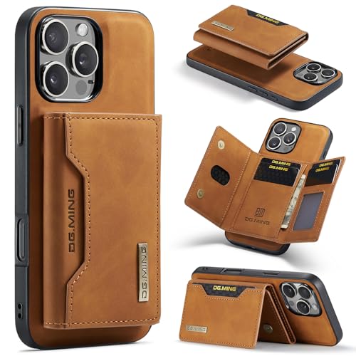 DG.MING Brieftaschen-Schutzhülle für iPhone 16 Pro, hochwertiges Leder, stoßfest, magnetisch, abnehmbar, mit dreifach faltbarem Brieftasche, Kartenfächern, Ständer (Braun) von Cseoteo