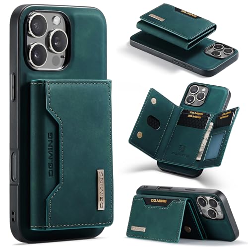 DG.MING Brieftaschen-Schutzhülle für iPhone 16 Pro, hochwertiges Leder, stoßfest, magnetisch, abnehmbar, mit dreifach faltbarem Brieftasche, Kartenfächern, Ständer (Grün) von Cseoteo