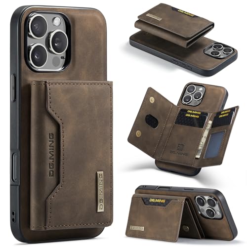 DG.MING Brieftaschen-Schutzhülle für iPhone 16 Pro Max, hochwertiges Leder, stoßfest, magnetisch, abnehmbar, mit dreifach faltbarem Brieftasche, Kartenfächern, Ständer (Kaffee) von Cseoteo