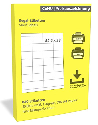 Regalschilder, Regal-Etiketten, Scanner-Etiketten, weiß, 52,5x38 mm 840 Stück Regalschilder, Regal-Etiketten, Scanner-Etiketten, weiß, 52,5x38 mm 840 Stück von CuNU Preisauszeichnung