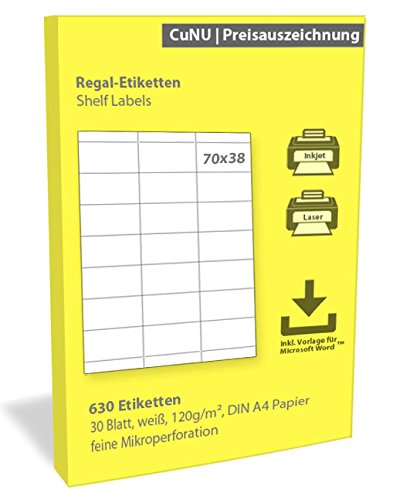 Regalschilder, Regal-Etiketten, Scanner-Etiketten, weiß, 70x38 mm 630 Stück Regalschilder, Regal-Etiketten, Scanner-Etiketten, weiß, 70x38 mm 630 Stück von CuNU Preisauszeichnung