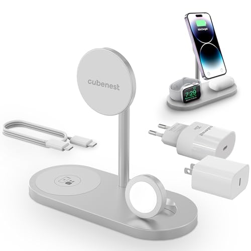 CubeNest kabelloses Ladegerät 3-in-1 Kompatibel mit Magsafe für iPhone 12/13/14/15/Pro/Max, AirPods, Apple Watch und Anderen | 20W Schnellladegerät | robuste Aluminiumverarbeitung von CubeNest