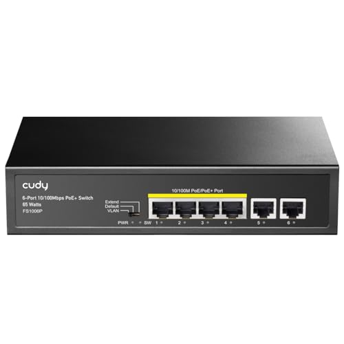 Cudy Poe+ Switch 6 Ports 10/100Mbps, 60W, 4 Poe/Poe+, Switch Unmanaged, CCTV-Modus, VLAN, Keine zusätzliche Stromversorgung, FS1006P von Cudy