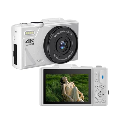 64-MP-Digitalkamera, 4K-Vlogging-Kamera mit 3-Zoll-Klappbildschirm, 18-fachem Digitalzoom, Wiederaufladbare Kamera für Live-Streaming, Anfänger (White) von Cuifati