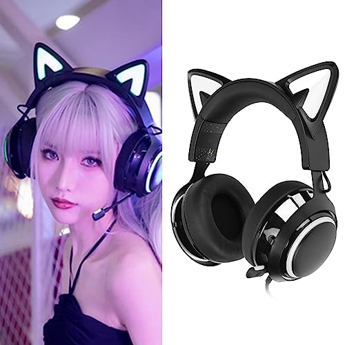 Cat-Ear-Gaming-Headset, 3,5-mm-USB-Kabel-Kopfhörer, PC-Game-Headset mit Einziehbarem Mikrofon, Rauschunterdrückung, Stereo-Over-Ear-Kopfhörer mit 8 Farblichteffekten von Cuifati