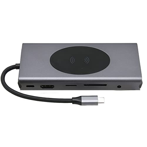 Cuifati 13-in-1-Dockingstation, Laptop -Hub Typ C Multiport-Adapter, Zwei Monitore, Dongle mit 100 W PD VGA 5 USB-Port Ethernet SD TF AUDIO3.5 15 W Kabelloses (Grau) von Cuifati