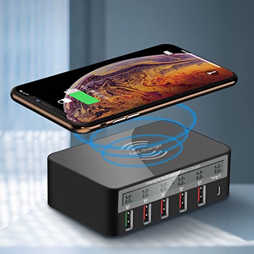 50W 6-Port USB-Ladegerät Schnellladestation Kabelloses Ladegerät Multi-Port-USB-Hub mit IC-Erkennung/Smart Shunt/LCD-Digitalanzeige, für Laptops, Tablets und Telefone(Schwarz EU) von Cuifati